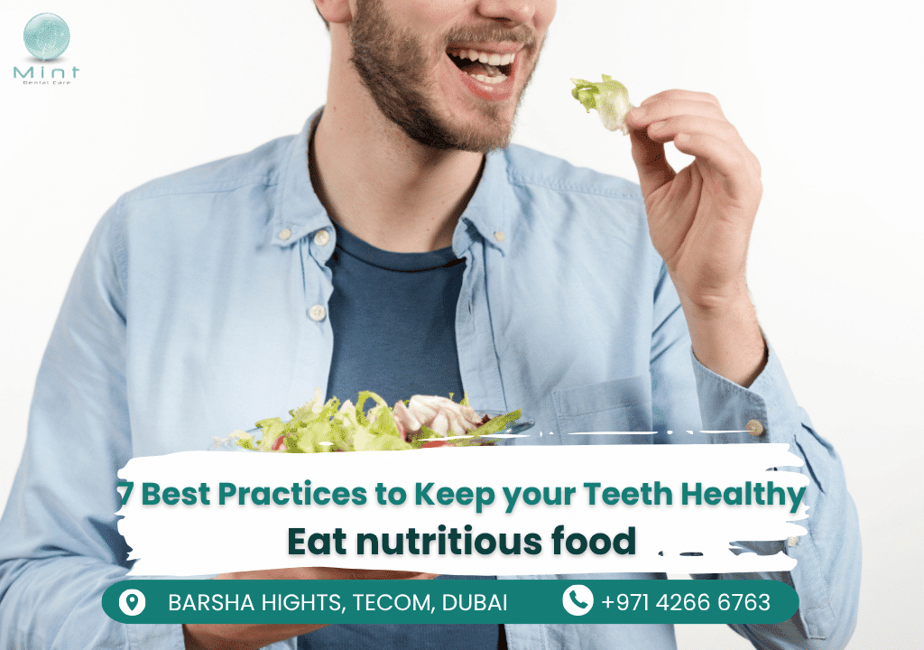 Infographic showing calcium-rich dairy, crunchy produce and vitamin-packed foods that promote strong teeth and healthy gums.