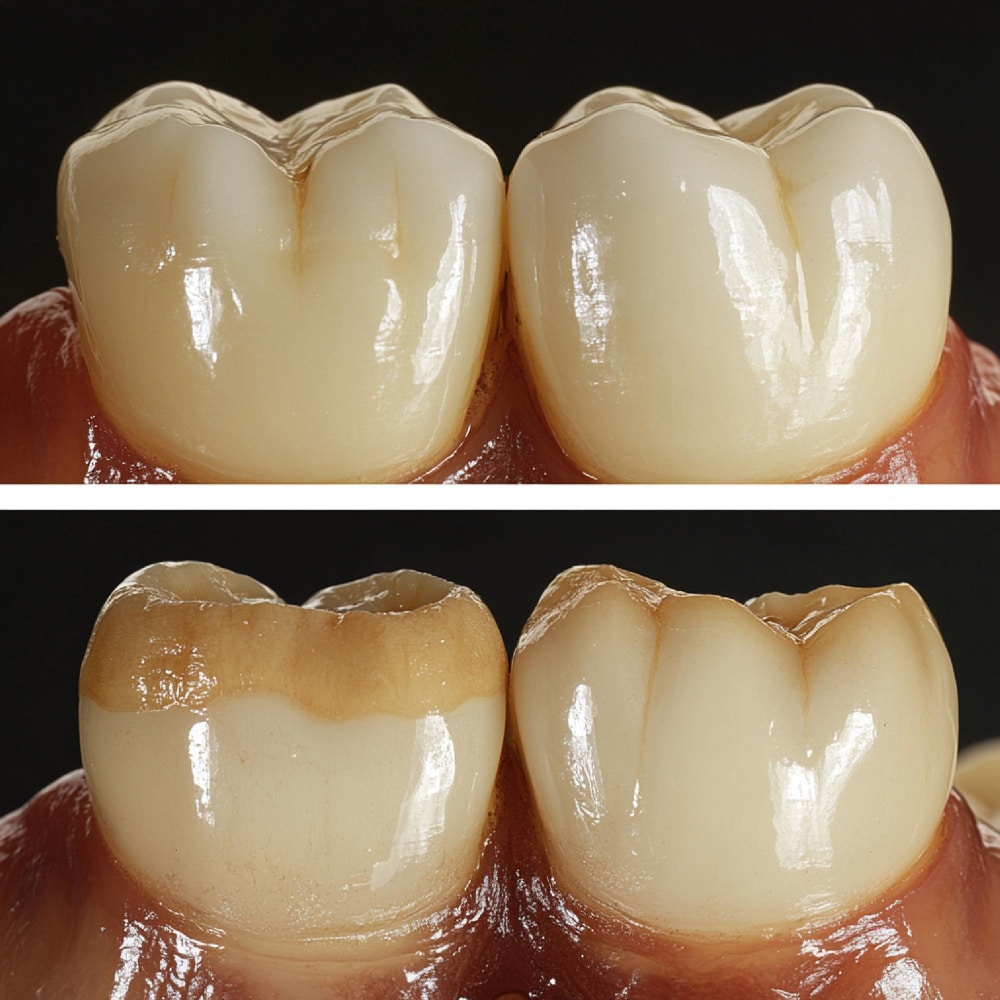 Before and after of a tooth restored with a dental crown.