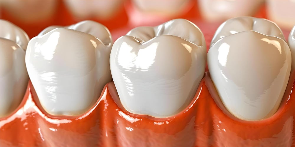 Various types of dental crowns, including porcelain and metal