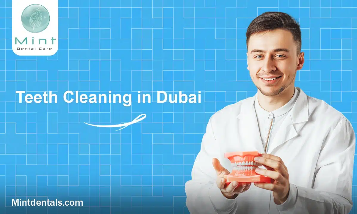 Teeth cleaning procedure in a dental clinic in Dubai, showing a dentist using professional tools to clean a patient's teeth.