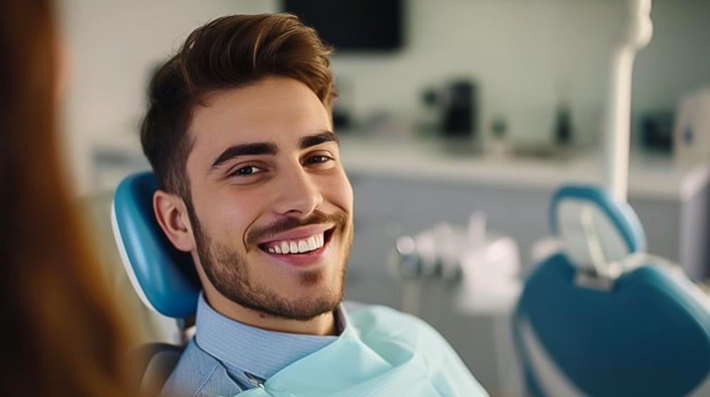 patient smiling after receiving a root canal treatment.