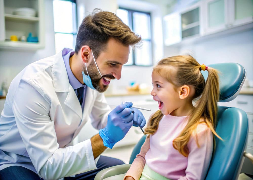 Young child sitting in a dentist's chair with a friendly dentist preparing for the first dental visit