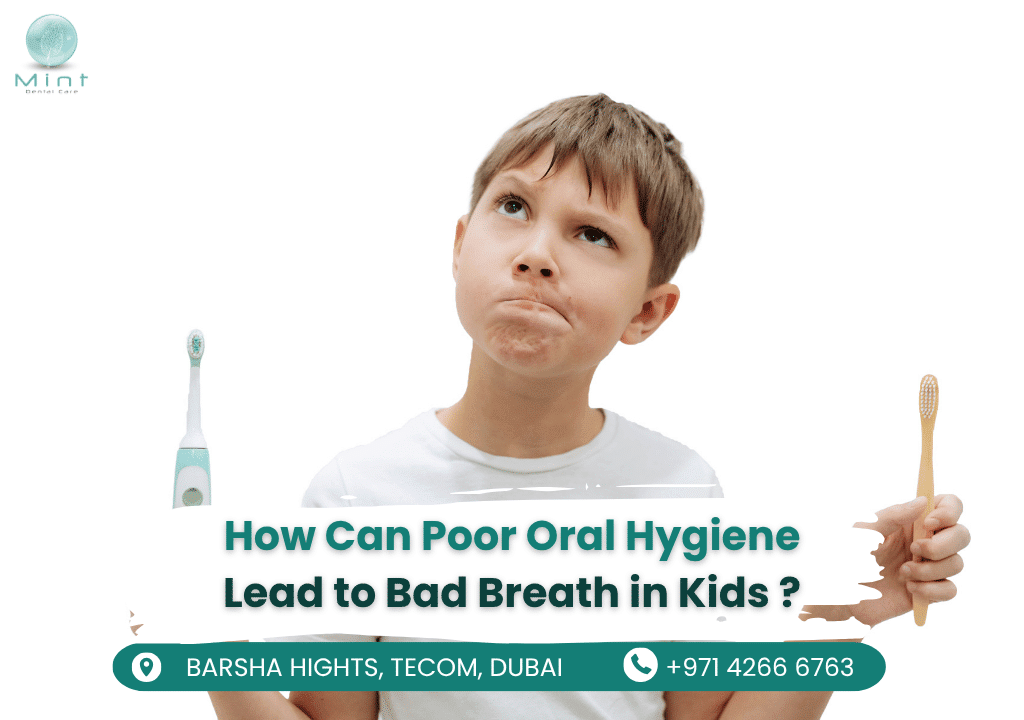 A happy child brushing teeth, emphasizing good oral hygiene to prevent bad breath.