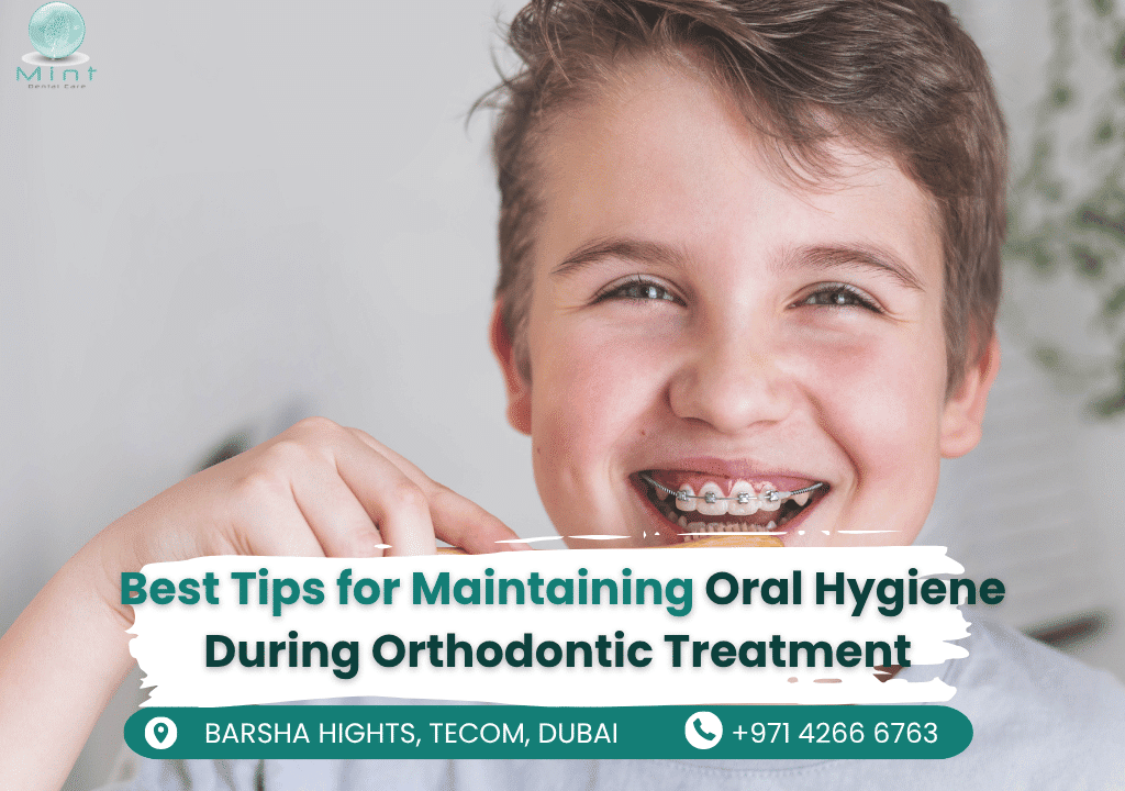 Teenager brushing teeth with braces under dentist supervision at Mint Dental Care Dubai clinic