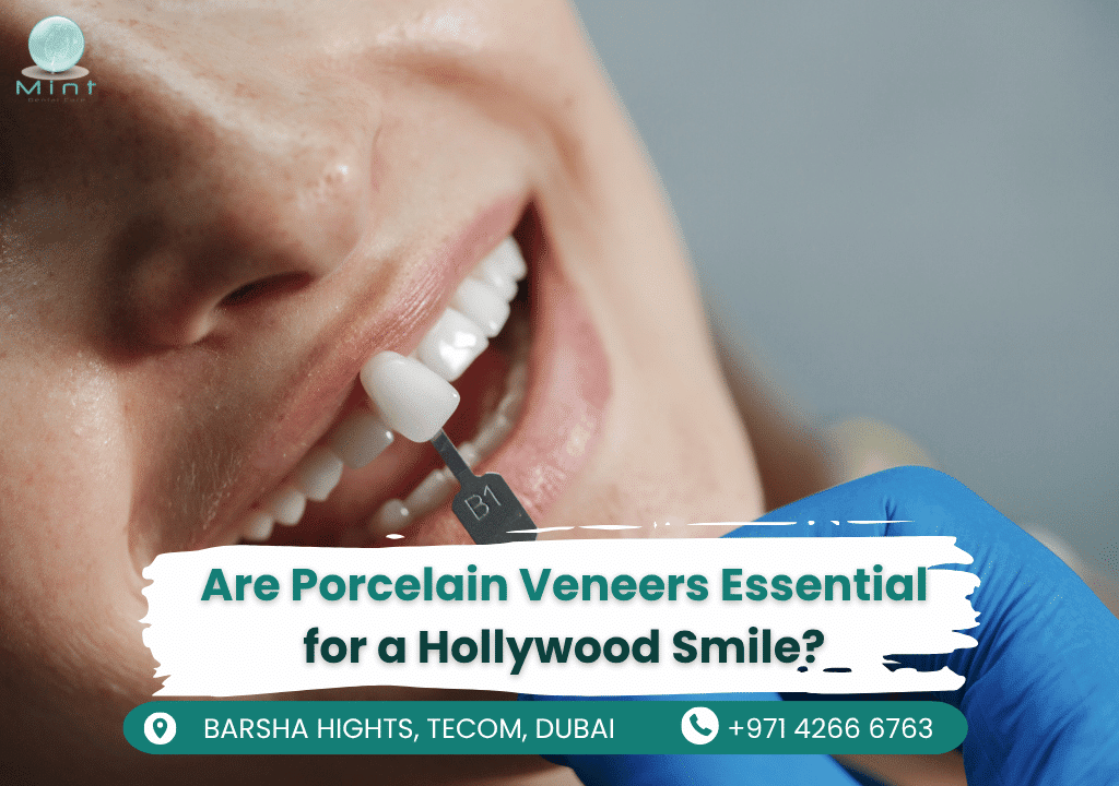 A before-and-after comparison of a patient’s smile transformed with custom porcelain veneers for a Hollywood Smile makeover.