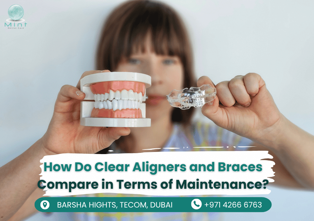 Patient brushing clear aligners with soft toothbrush - removable trays allow thorough cleaning vs. fixed braces.