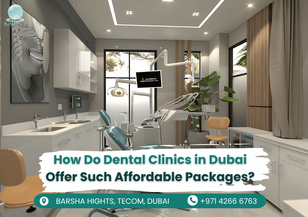 Modern dental clinic in Dubai with 'affordable packages' signage, showcasing competitive pricing in the healthcare district.