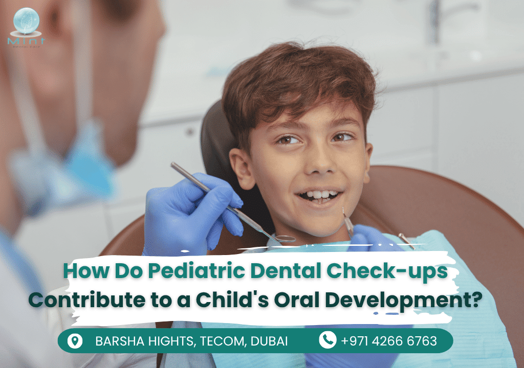 Pediatric dentist examining young child's teeth with mirror, checking for proper eruption and early cavities during routine check-up.