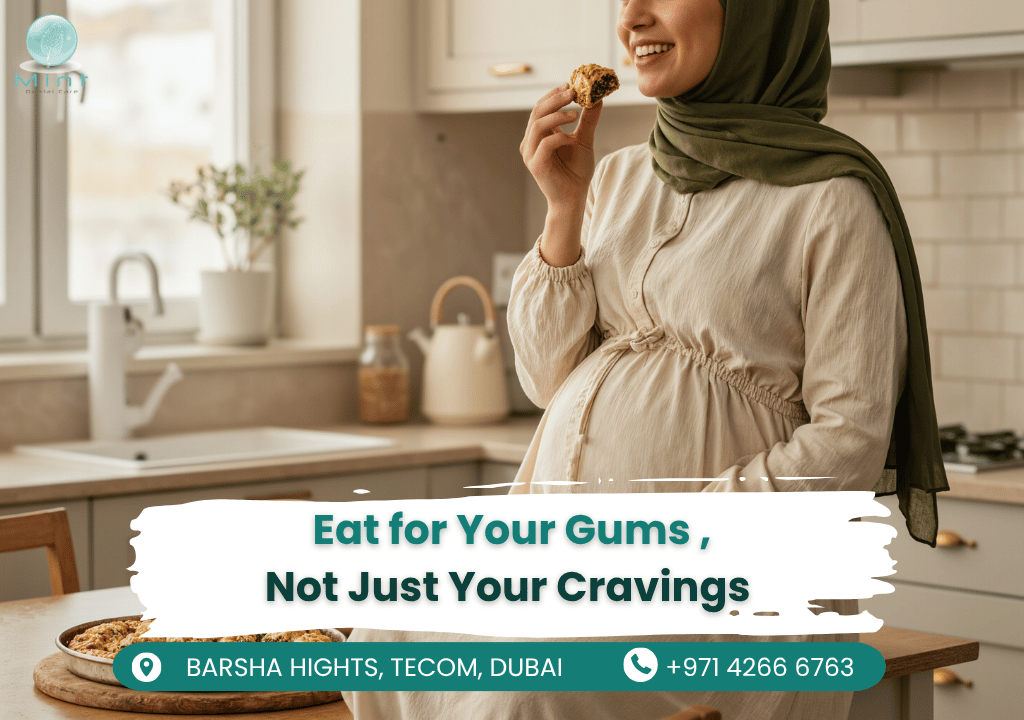 Pregnant woman choosing healthy snacks like yogurt and leafy greens for gum health, with a dentist-approved checklist overlay.