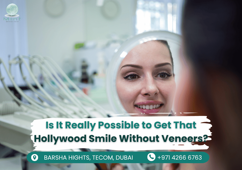 Before and after photos of a natural Hollywood smile transformation using non-invasive treatments like whitening and bonding.