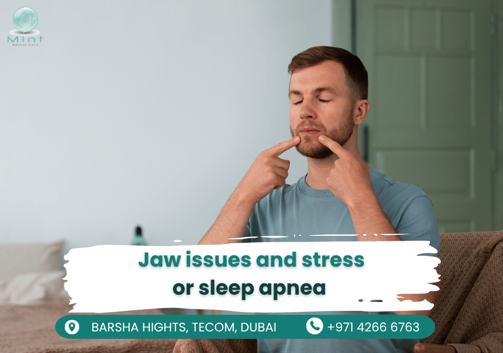 Illustration showing TMJ disorder symptoms: jaw pain, worn molars, and scalloped tongue edges with sleep apnea connections.